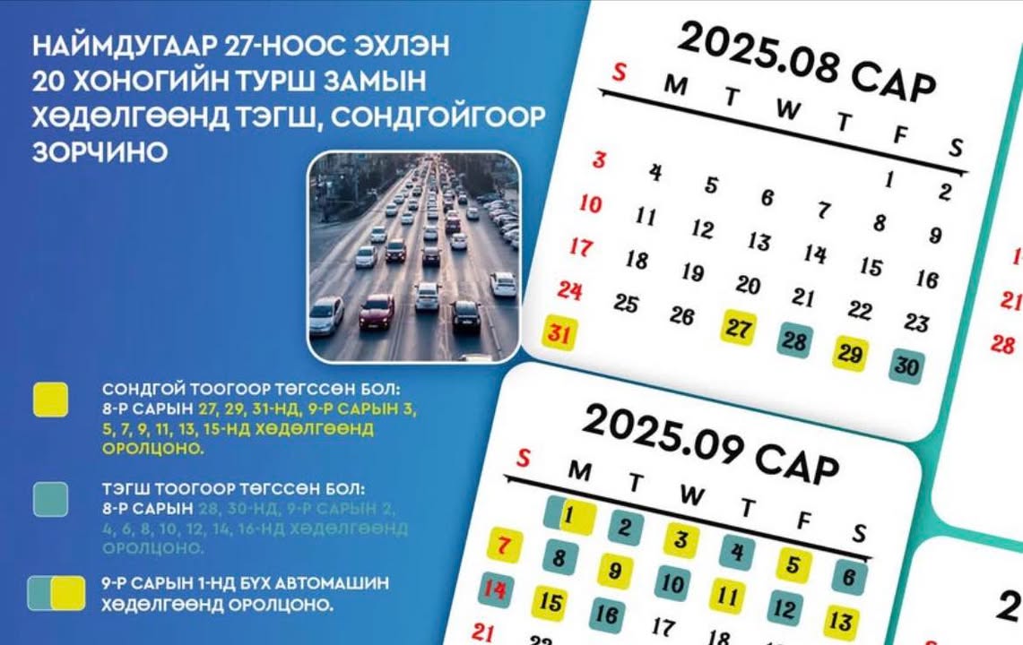 Тээврийн хэрэгслийн тэгш, сондгой дугаарын хязгаарлалт дуусна Тээврийн хэрэгслийн тэгш, сондгой дугаарын хязгаарлалт дуусна